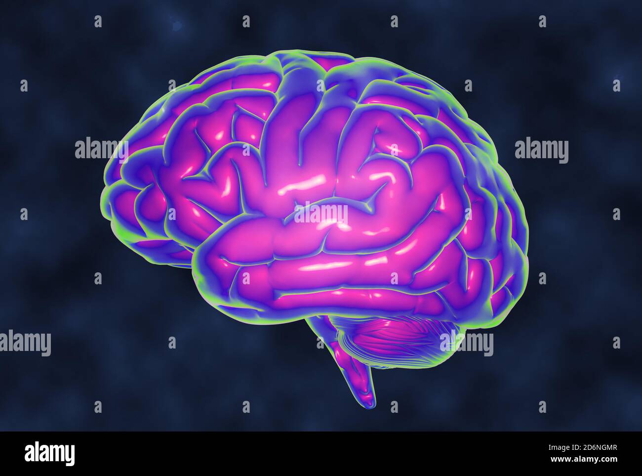 Illustration de simulation IRM de la température de rendu du cerveau 3D en violet ton isolé sur fond sombre Banque D'Images