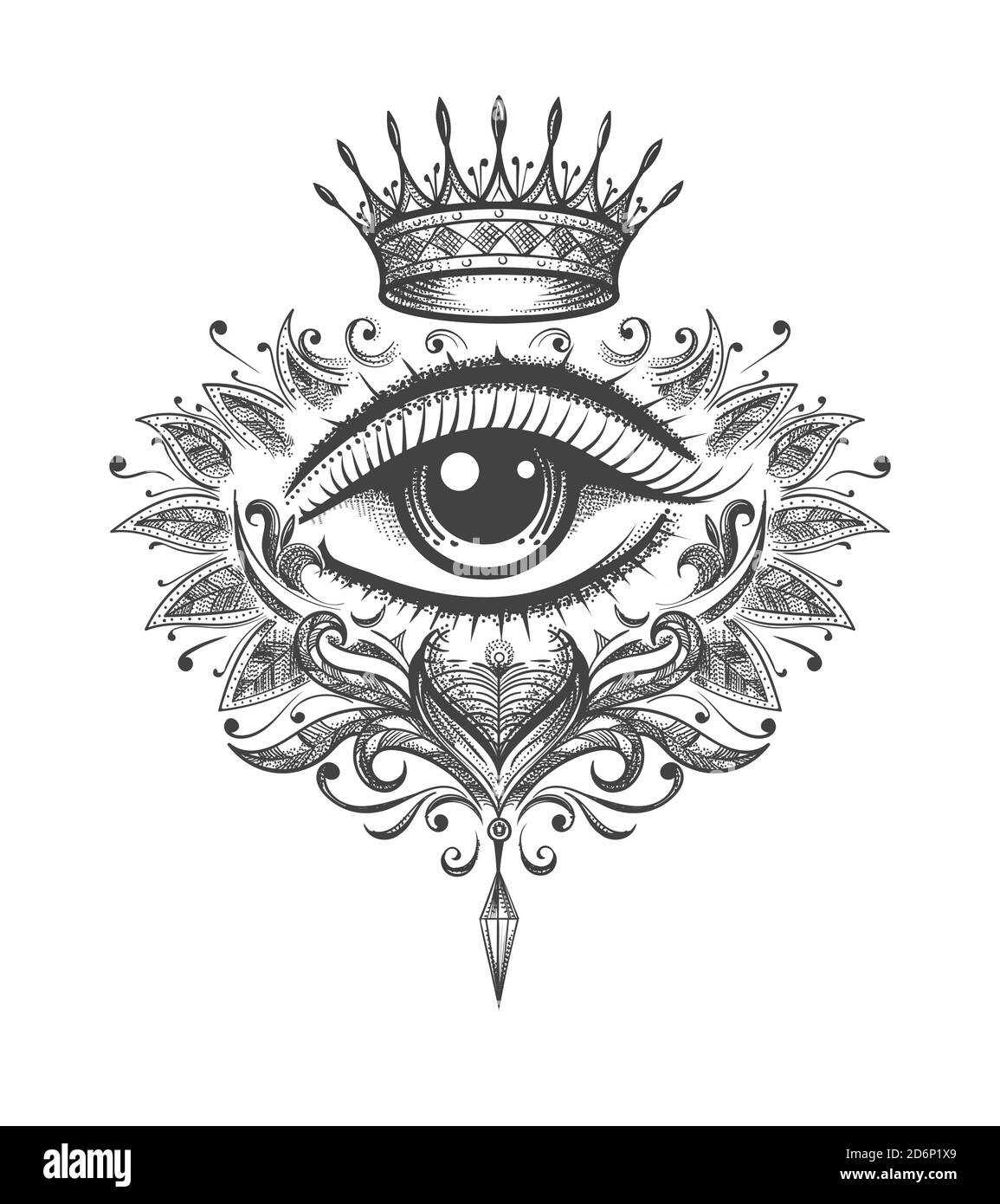 Tatouage mystique de tous yeux voyant avec couronne dessiné dans le style engraving. Illustration vectorielle. Illustration de Vecteur