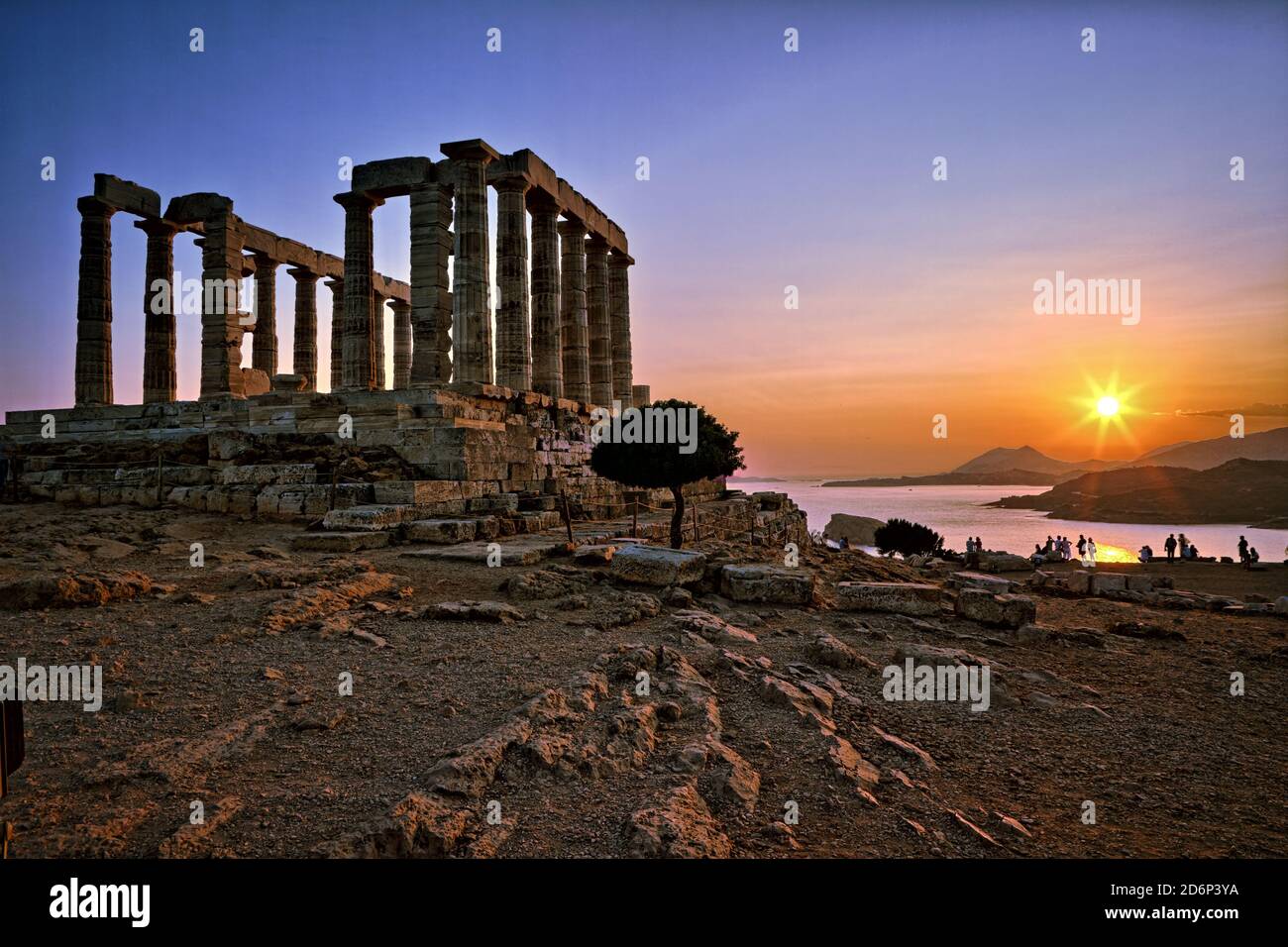 Temple de Poséidon sur le cap Sounion au coucher du soleil, Grèce Banque D'Images