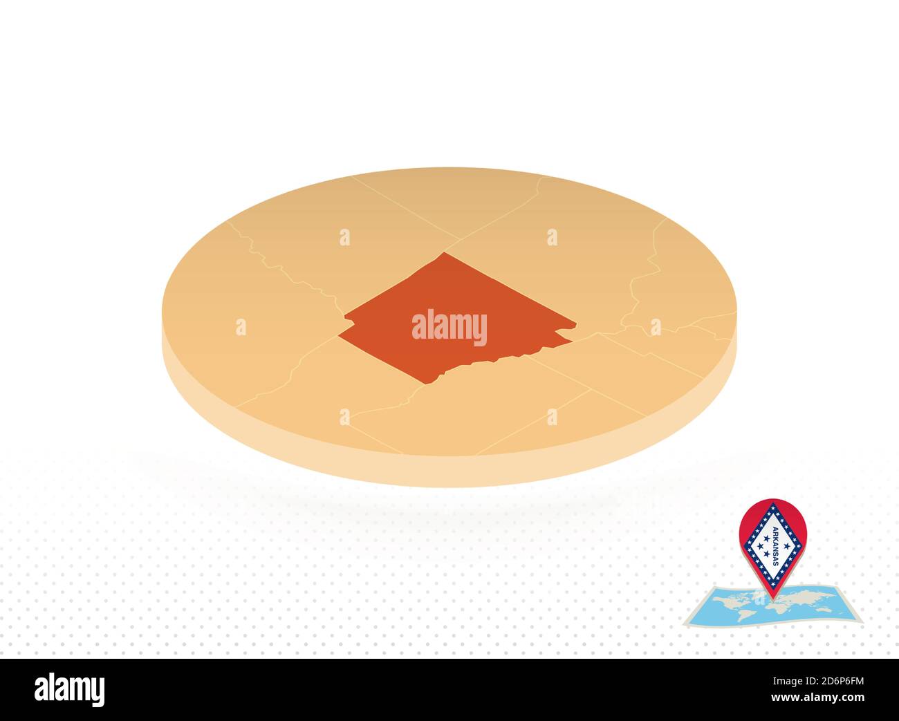 Carte de l'état de l'Arkansas conçue dans un style isométrique, carte du cercle orange de l'état des États-Unis de l'Arkansas pour le Web, l'infographie et bien plus encore. Illustration de Vecteur