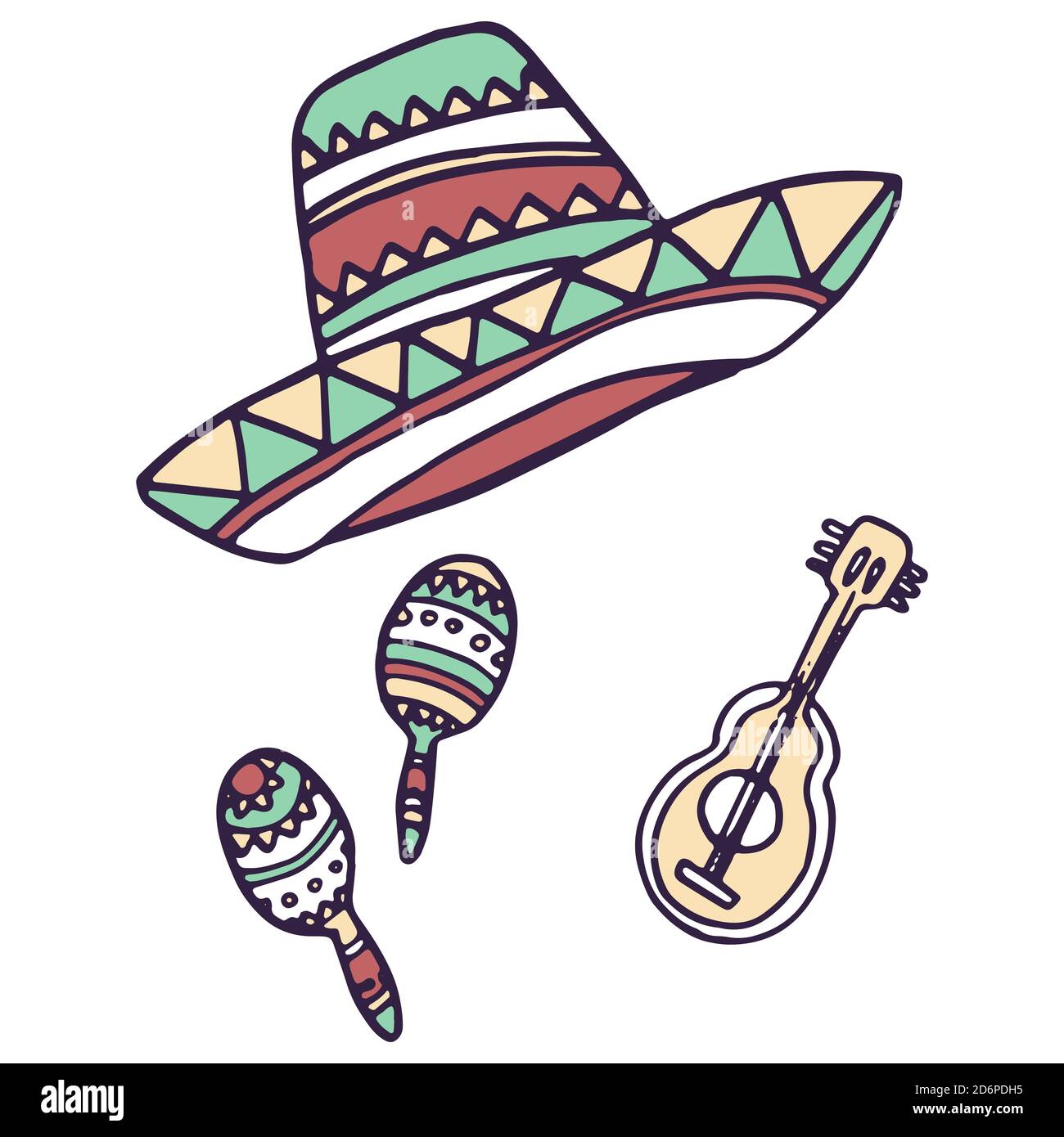 Sombrero et guitare sur fond blanc isolé. Le symbole du jour de la mort pour une invitation ou une carte-cadeau, un carnet, une tuile de bain, un album, un étui de téléphone ou un chiffon Illustration de Vecteur
