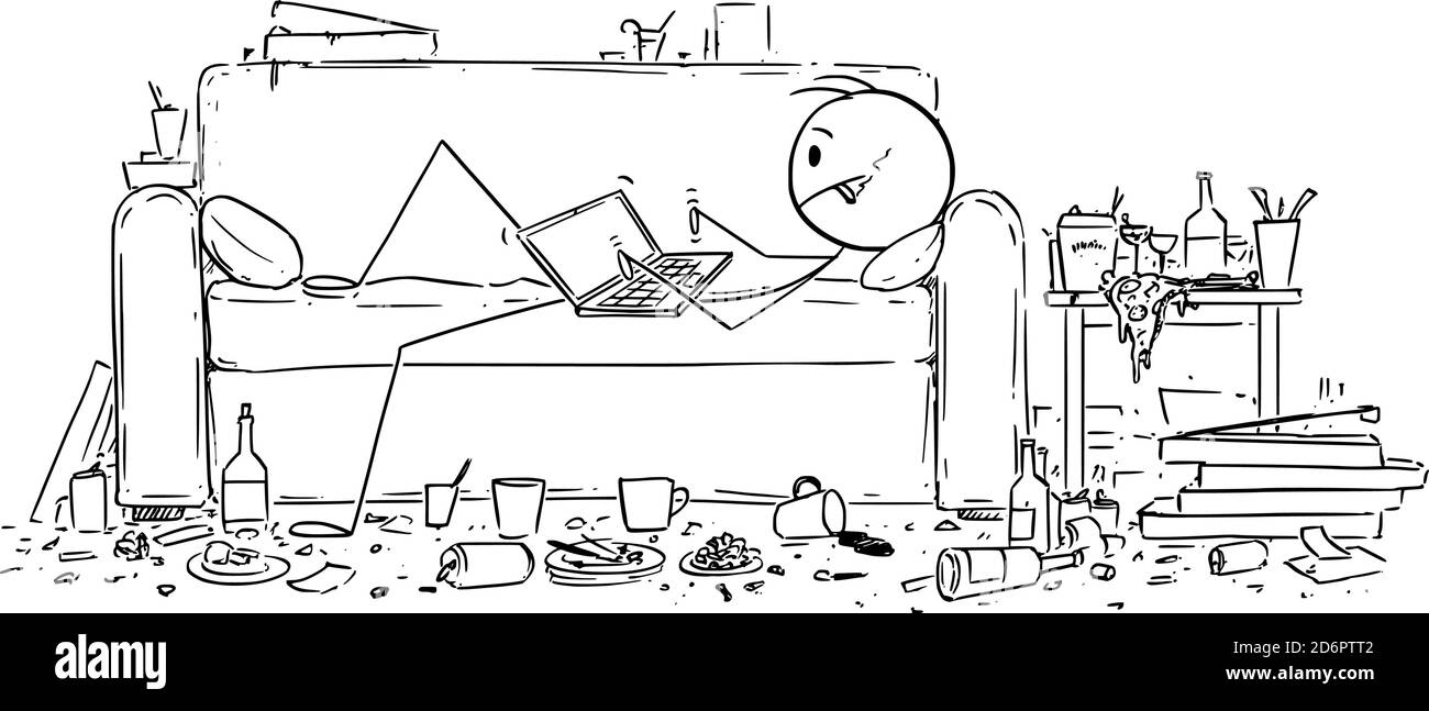 Dessin animé vectoriel figure représentant un homme ou un homme d'affaires allongé sur un canapé ou un canapé et dactylographiant ou travaillant sur un ordinateur. Bureau à domicile, travaillant à domicile en cas de pandémie de coronavirus covid-19. Gâcher et faire du mal. Illustration de Vecteur