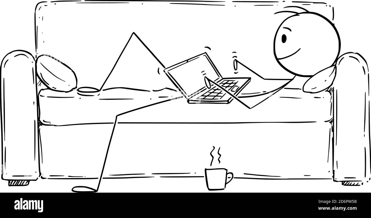 Dessin animé vectoriel figure représentant un homme ou un homme d'affaires allongé sur un canapé ou un canapé et dactylographiant ou travaillant sur un ordinateur. Bureau à domicile, travaillant à domicile en cas de pandémie de coronavirus covid-19. Illustration de Vecteur