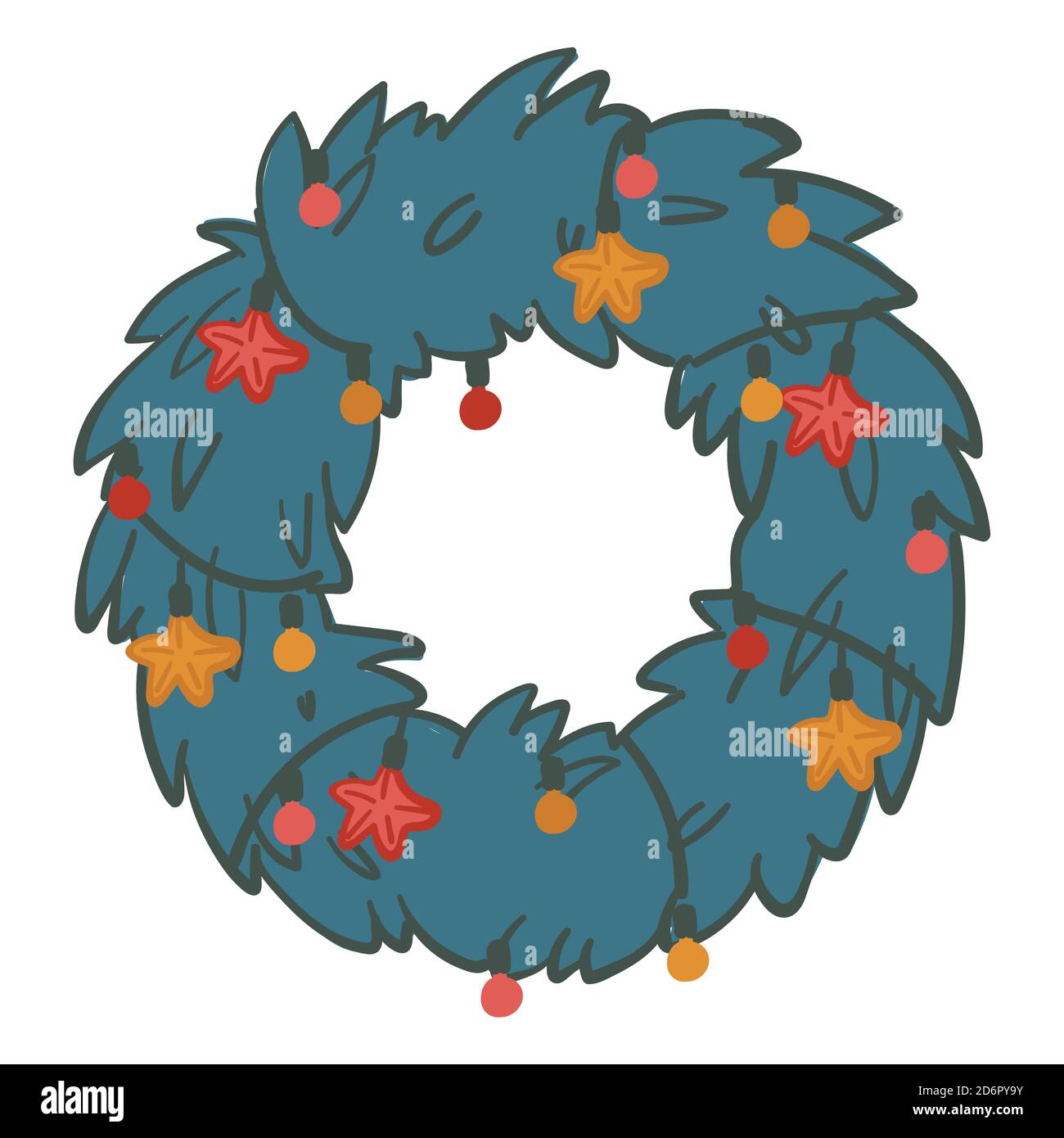 Couronne de branches de pin de Noël avec guirlandes et étoiles Illustration de Vecteur