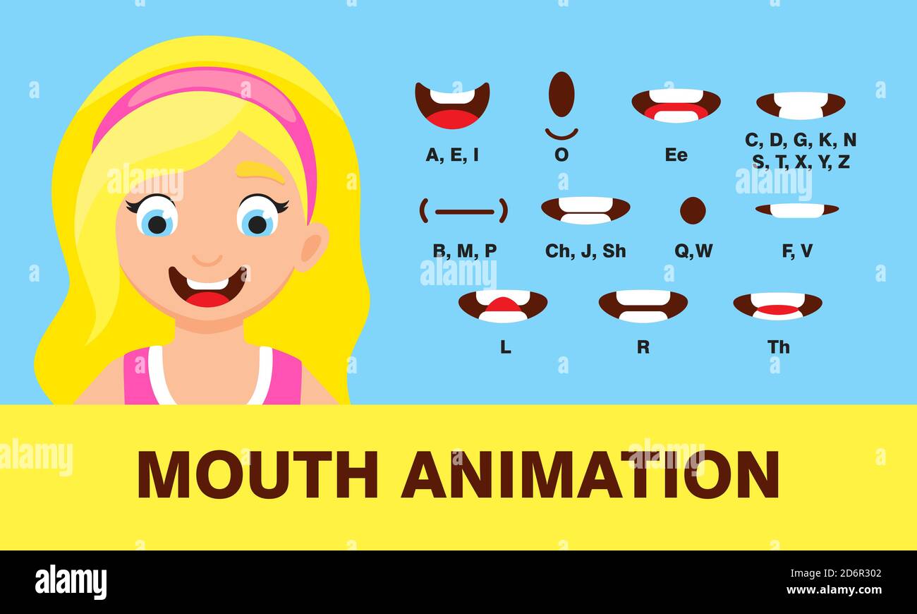 Animation de la bouche de fille avec différentes expressions dans le style plat vectoriel jeu d'illustrations. Illustration de Vecteur