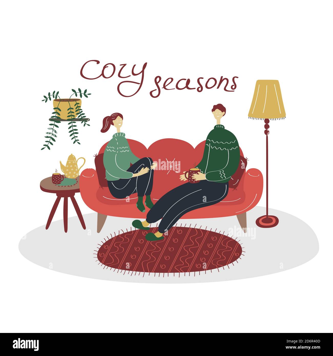 Joyeux couple mignon assis sur le canapé dans la salle de séjour. Romantique homme et femme aiment le week-end. Deux personnes dans une maison confortable. Concept d'hygge familial. Illustration plate Illustration de Vecteur