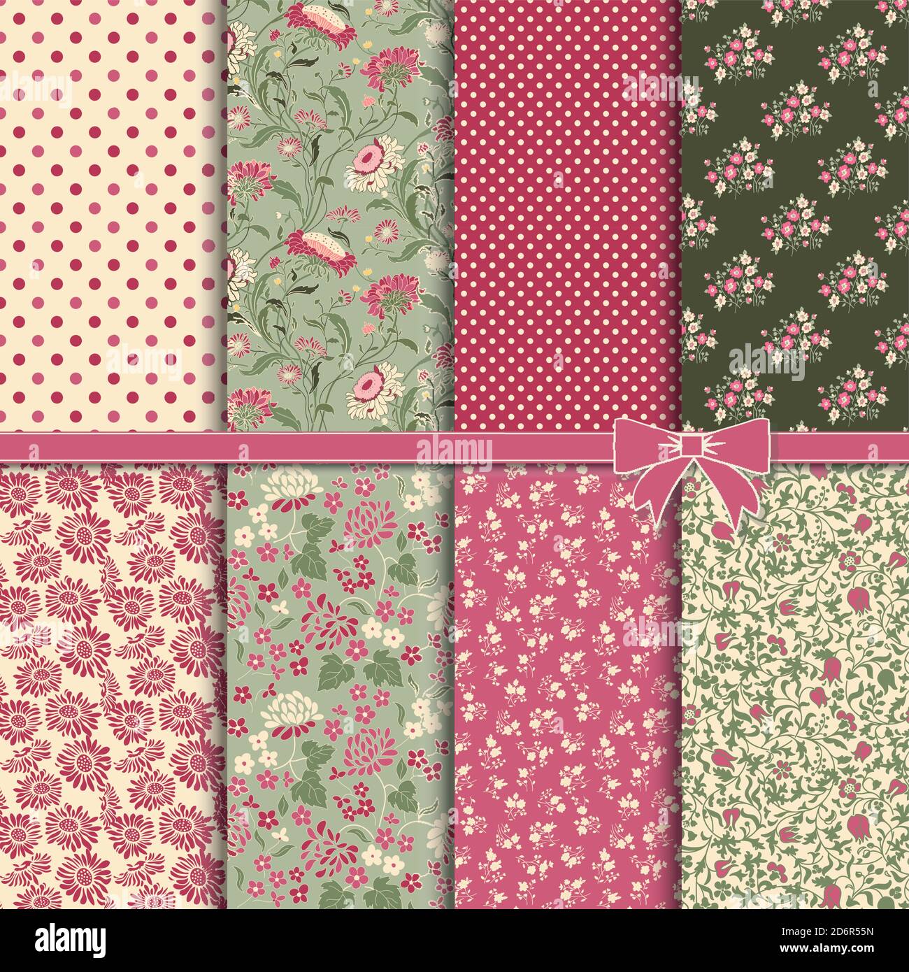 Collection de motifs sans couture rétro des années 50 et 60. Motif vintage sans couture en fleurs, pois, à carreaux dans un style folklorique. Vecteur. Illustration de Vecteur