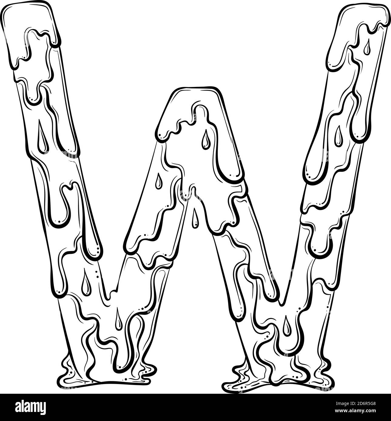 Lettre W avec gouttes d'eau et éclaboussures de matière. Symbole de liquide goutte à goutte. Police vectorielle tendance, style art au trait dessiné à la main, isolée sur fond blanc. Logo Slime ou lettre initiale. Illustration de Vecteur