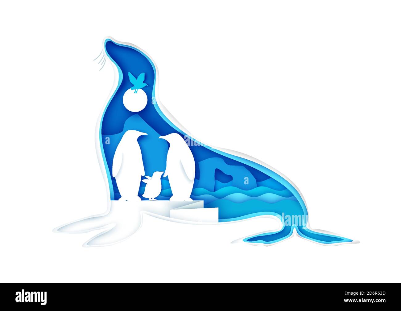 Grande silhouette d'animal de phoque avec paysage arctique, famille des pinguins et oiseau, illustration vectorielle dans le style de l'art papier. Illustration de Vecteur