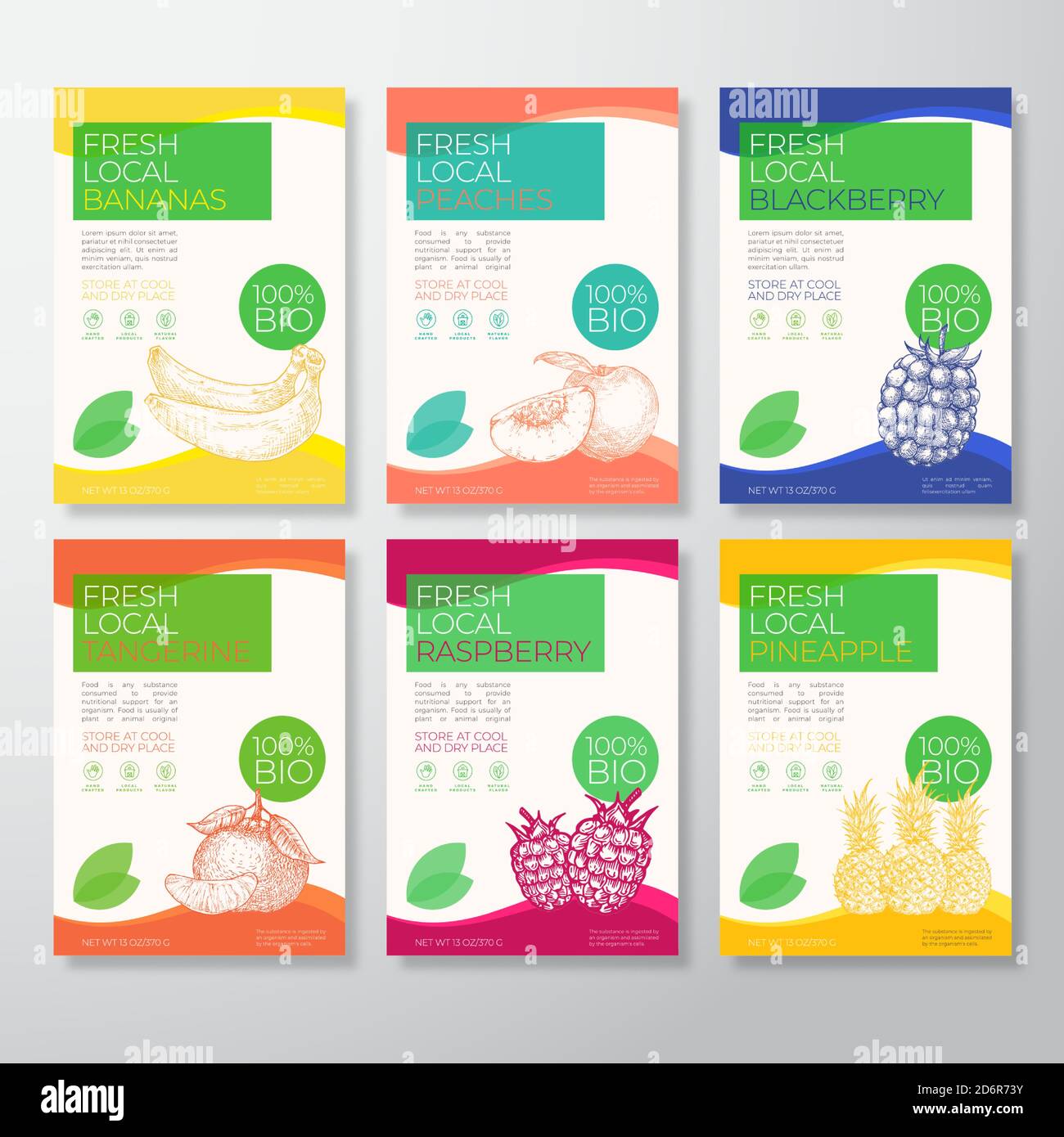 Collection de mise en page de l'emballage des étiquettes de fruits frais locales. Jeu de couvertures d'arrière-plan vectoriel. Typographie moderne et bananes dessinées à la main, pêches Illustration de Vecteur