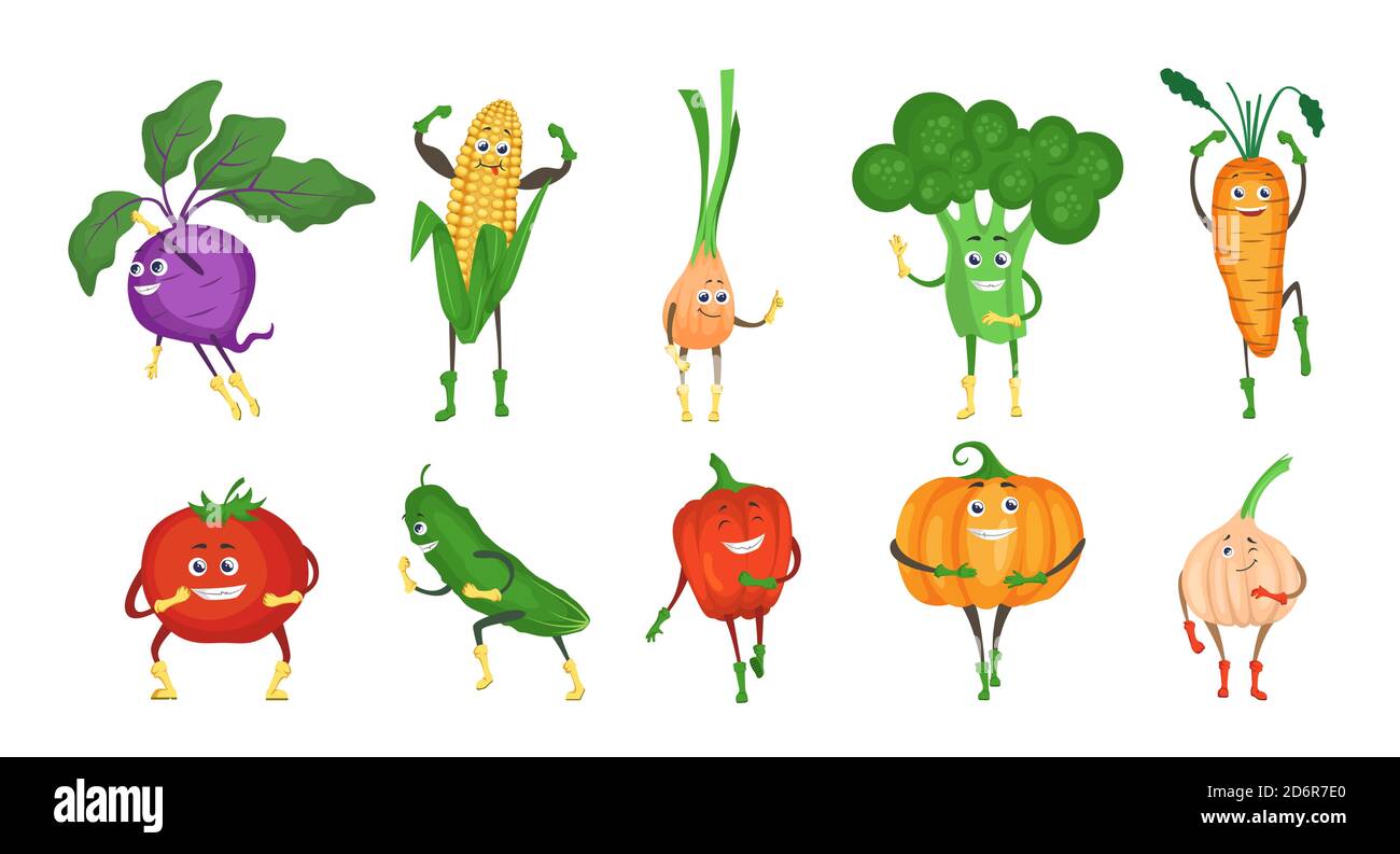 Ensemble de personnages de légumes mignons et amusants, illustration vectorielle plate. Illustration de Vecteur