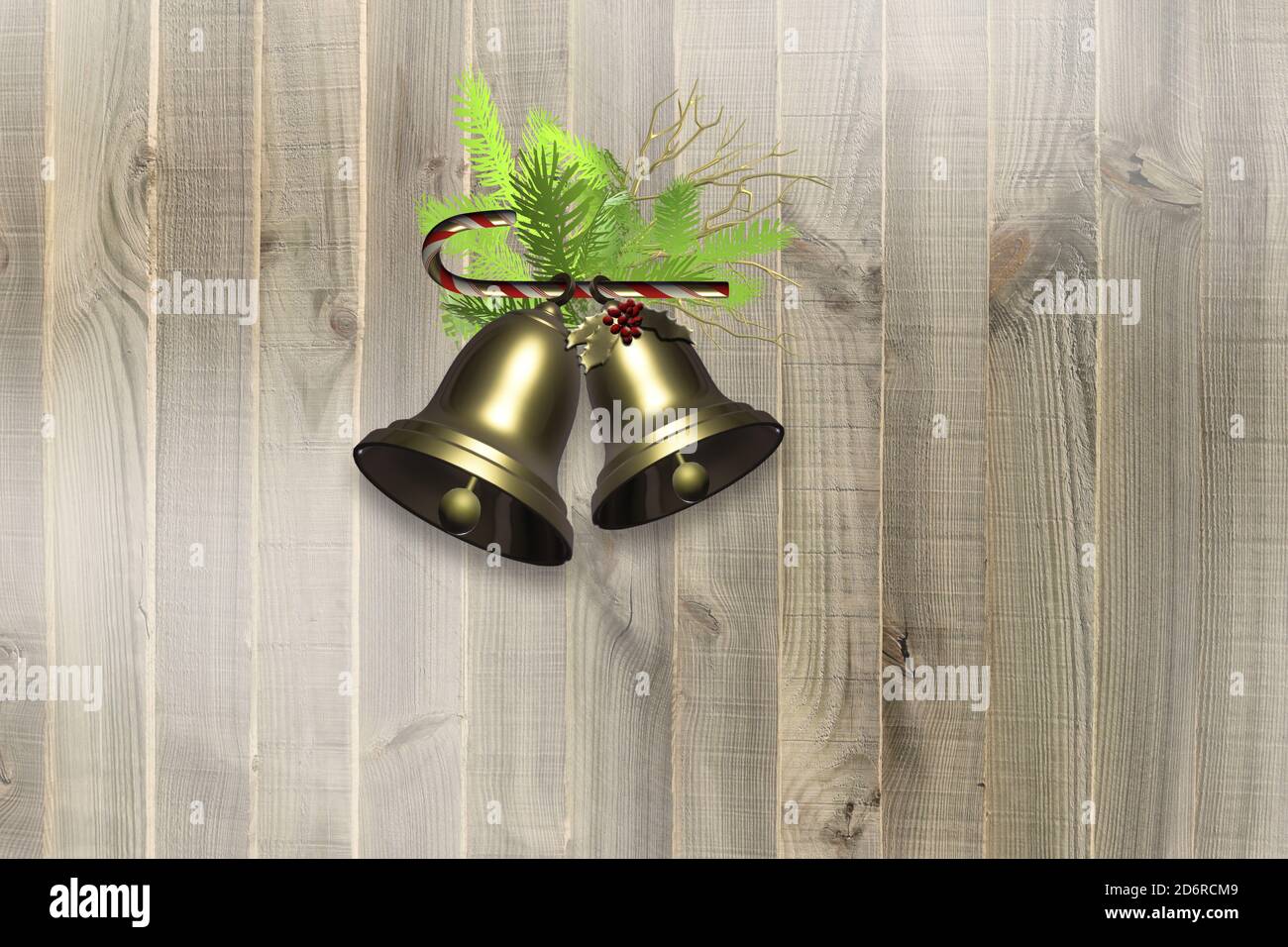 Noël sur fond de bois. Des cloches de Noël réalistes et brillantes en or, de la canne à sucre, des branches de sapin sur du bois rustique. Placer pour le texte. Illustration 3D Banque D'Images