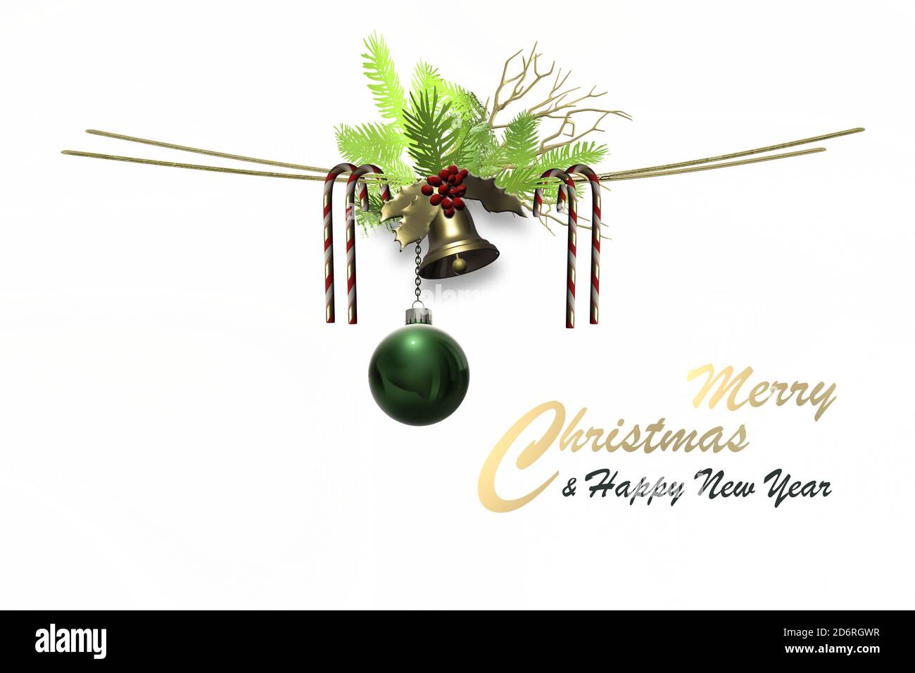 Arrière-plan des fêtes de Noël sur blanc. Symbole de Noël. Balle Xmax, canne à sucre, cloche d'or, branches de sapin sur fond blanc. Copier l'espace, placer pour le texte, bordure Web, en-tête. Illustration 3D Banque D'Images