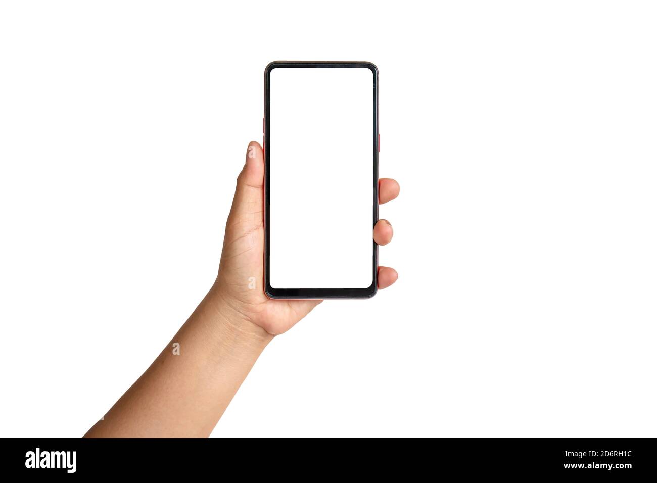 La main tient l'écran blanc, le téléphone portable est isolé sur un fond blanc avec le chemin de coupure. Banque D'Images