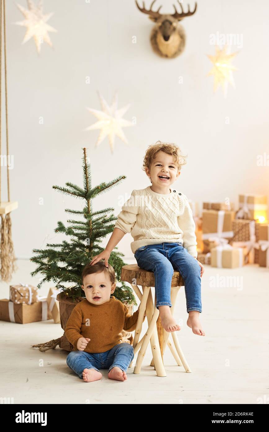 Portrait d'un petit beau frère penché sur un bois chaise près de l'arbre de Noël dans un blanc de noël décoré chambre Banque D'Images