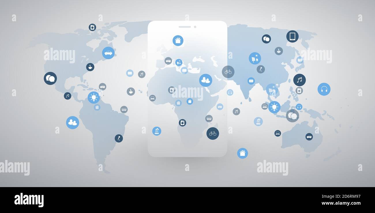 Internet des objets, concept de conception de Cloud Computing avec carte du monde, silhouette de smartphone et icônes - Global Digital Network Connections, Smart Technol Illustration de Vecteur