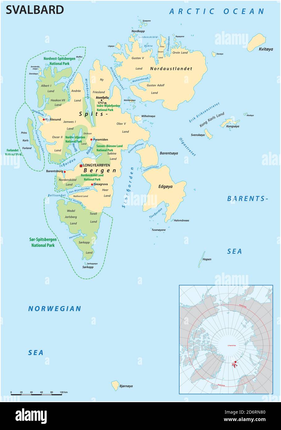 Carte vectorielle de l'archipel norvégien Svalbard, Spitsbergen Illustration de Vecteur