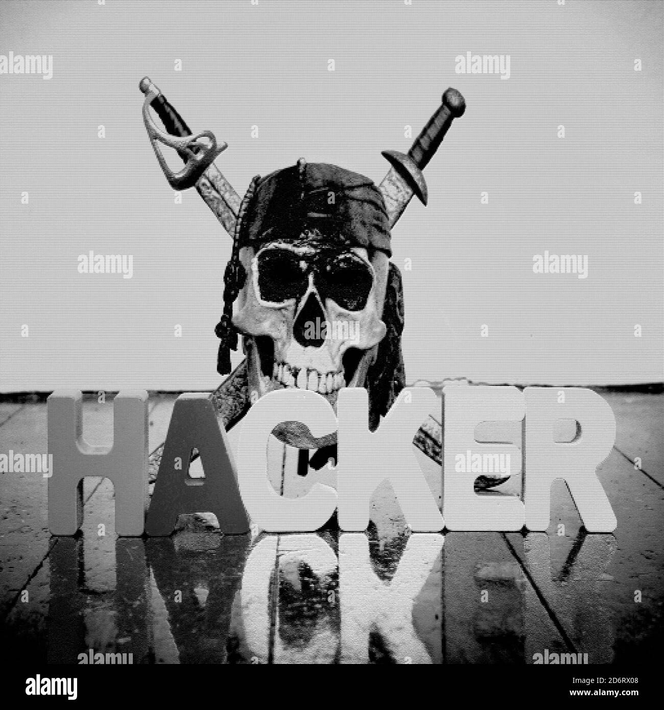 Tête de mort avec le mot hacker sur un vieux plancher en bois avec réflexion Banque D'Images