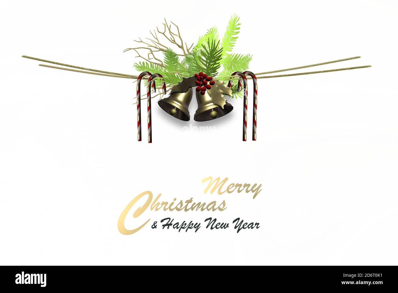 Cadre de Noël blanc. Symbole de Noël. Cannes de bonbons, cloches d'or de Noël, branche de sapin sur blanc. Texte Joyeux Noël Bonne Année. Espace de copie, isolé, bordure, en-tête. Rendu 3D Banque D'Images
