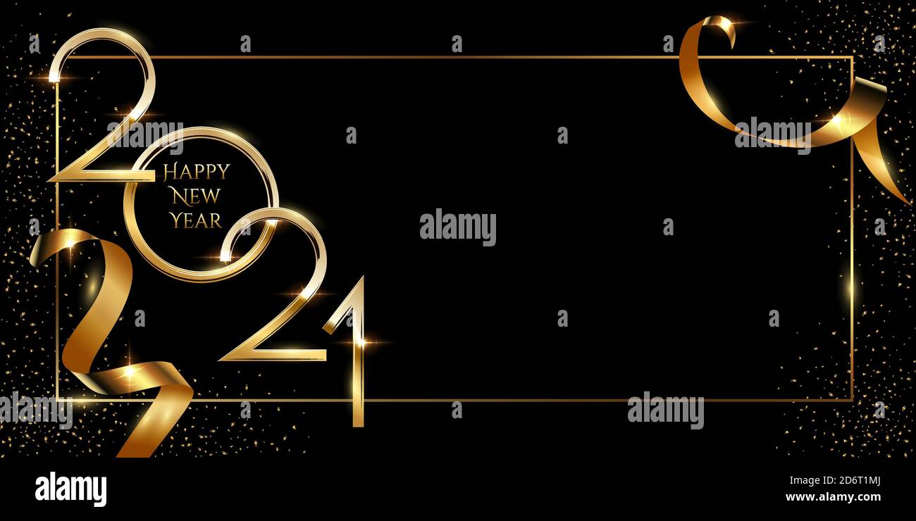 Modèle de vecteur de carte de vœux de bonne année. Bannière de Noël sur les réseaux sociaux avec Félicitations. Nombre Golden 2021 dans le cadre avec Illustration de Vecteur