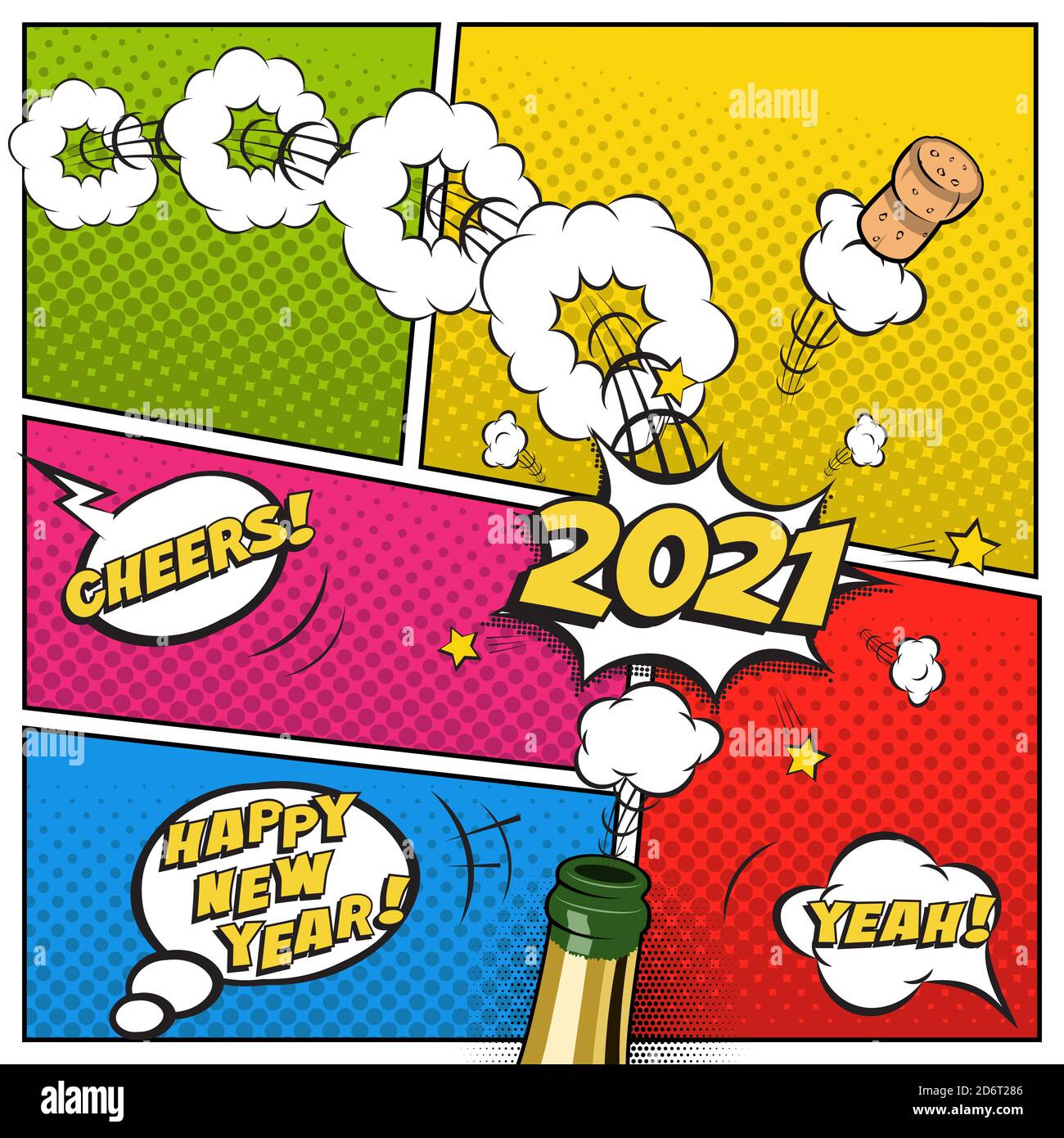 Modèle de carte postale ou de carte de vœux du nouvel an 2021. Motif vectoriel rétro festif de style comique avec bouteille de champagne et liège volant. Illustration de Vecteur