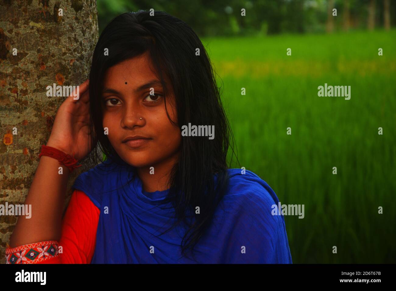 Gros plan d'une adolescente tenant un arbre et souriant dans un rizières du Bengale occidental en Inde, en se concentrant de manière sélective Banque D'Images