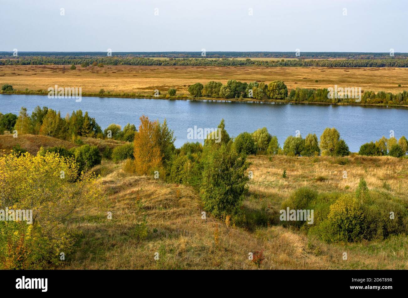 Paysage d'automne avec des arbres, des collines et une rivière. Vue russe typique dans les riches couleurs dorées et vertes. Banque D'Images