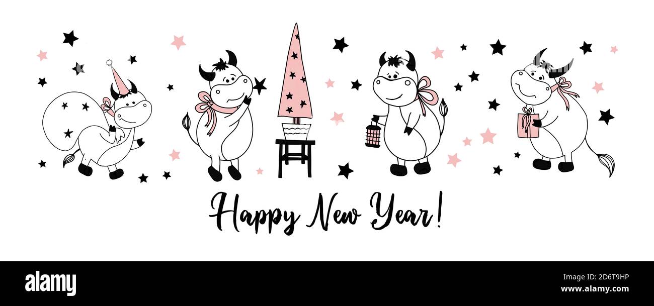 Bonne Annee Carte Postale Horizontale Avec Taureaux Ou Boeufs Caractere Ox Dessin Simple De Vache Photo Stock Alamy