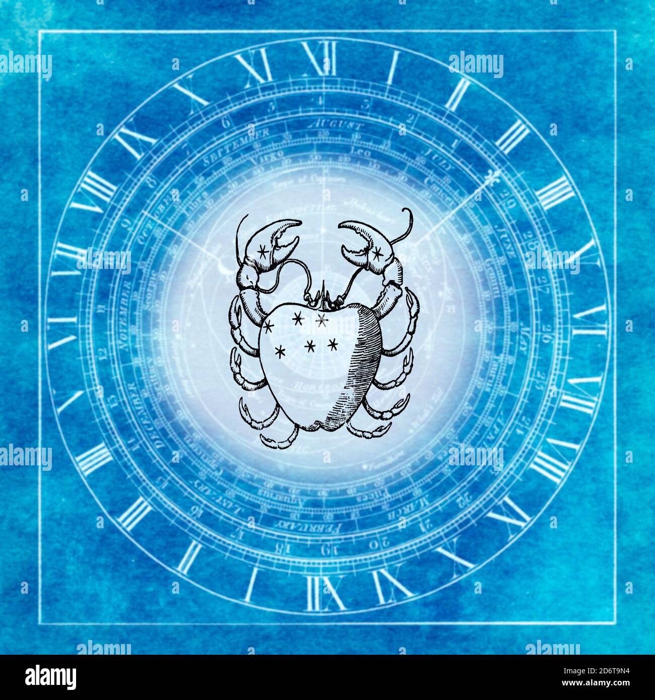 Carte antique avec indications de temps, d'astronomie et d'astrologie avec signe de cancer Banque D'Images