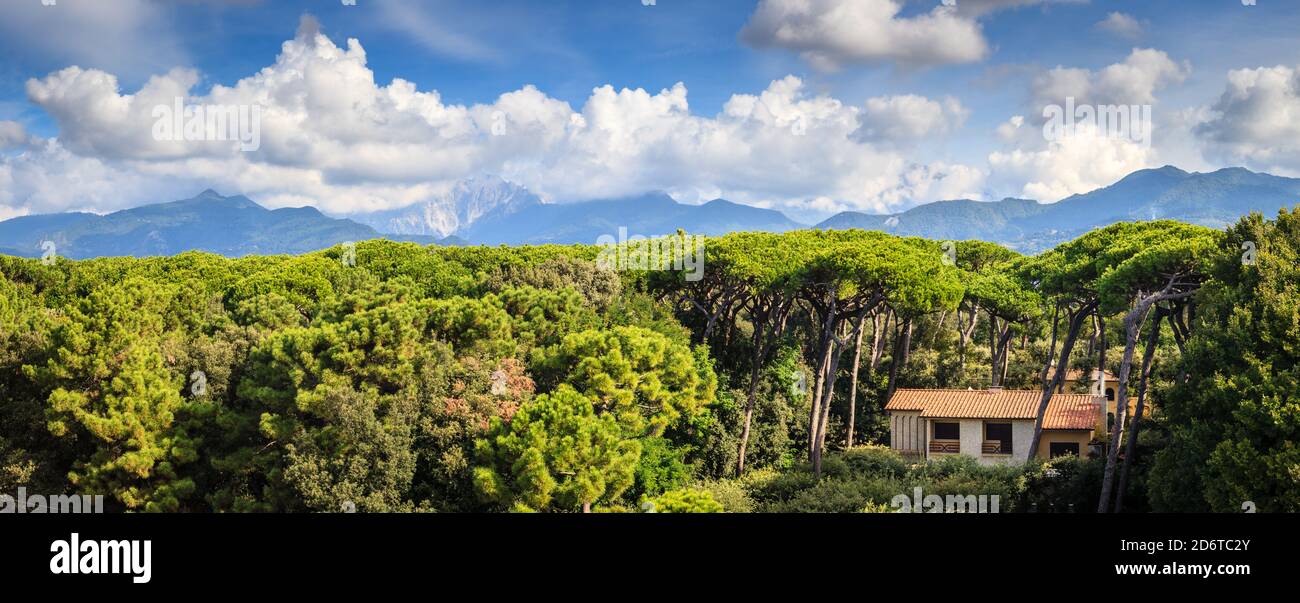 Vue panoramique sur les Alpes depuis la ville côtière de Marina di Pietrasanta en Italie Banque D'Images