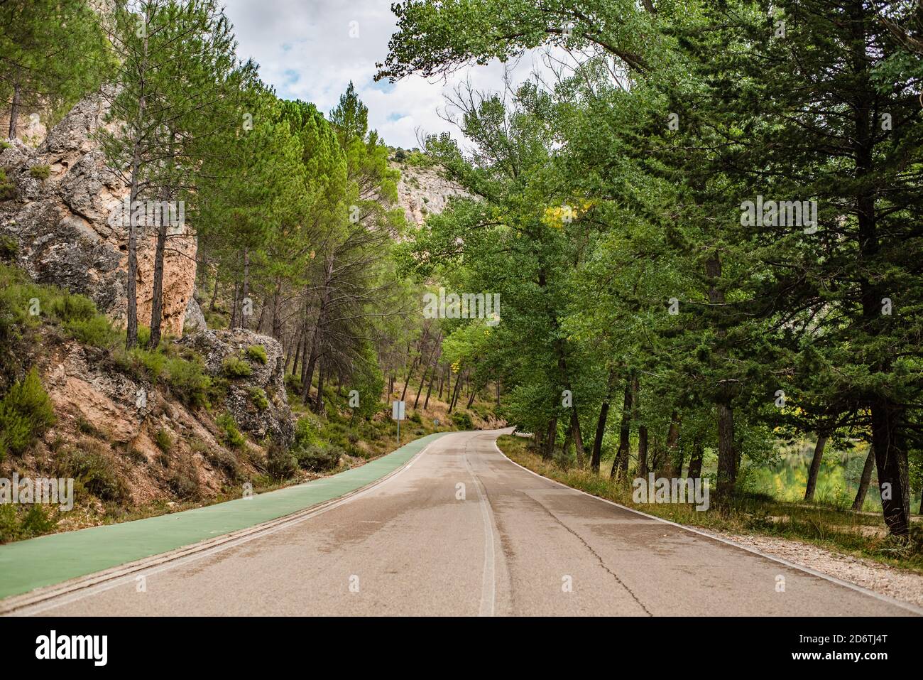 Vider la route d'asphalte courbée menant entre la forêt verte et les montagnes en été nuageux Banque D'Images