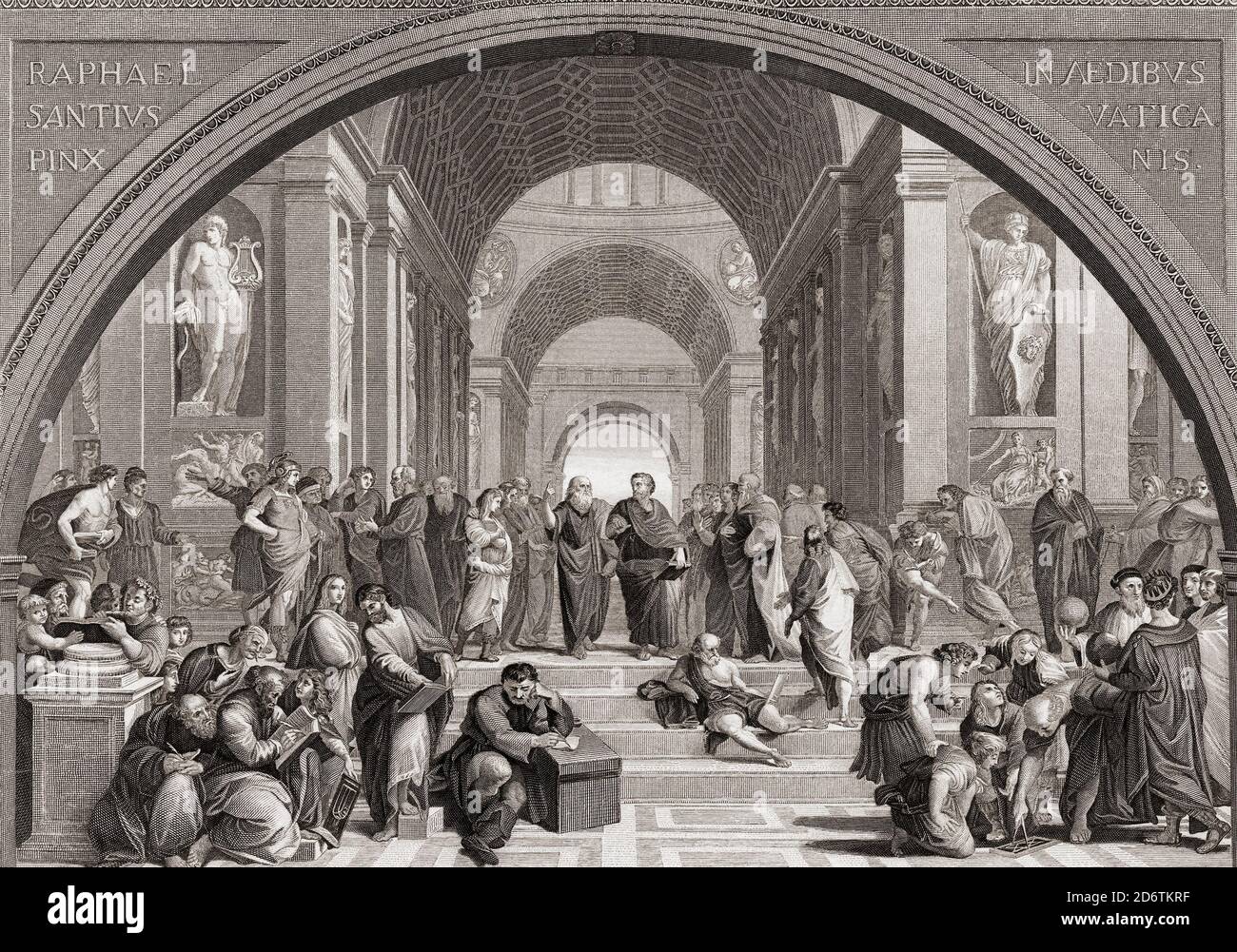 L'École d'Athènes. Le travail montre les plus grands universitaires de toutes les disciplines et époques du monde antique réunis sous un même toit. Après une gravure du XIXe siècle par l'artiste anglais Albert Henry Payne d'une fresque de Raphaël. Banque D'Images