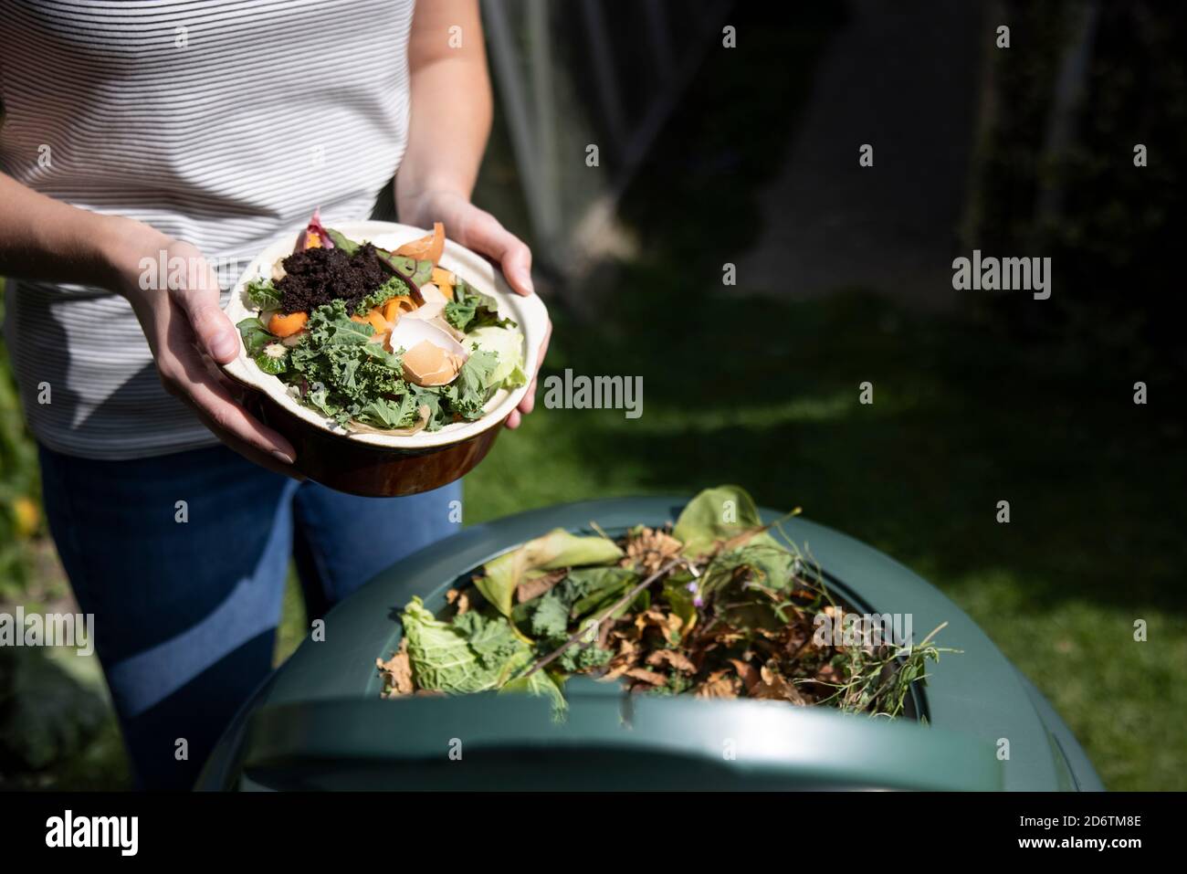 Gros plan de la femme qui vidange les déchets alimentaires dans le composteur de jardin À la maison Banque D'Images