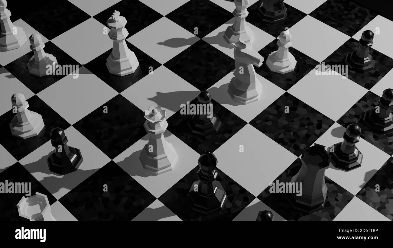 Échiquier stratégique. Jeu d'échecs. Pièces d'échecs. Rendu 3D. Jeu d'échecs original. Noir et blanc. Banque D'Images