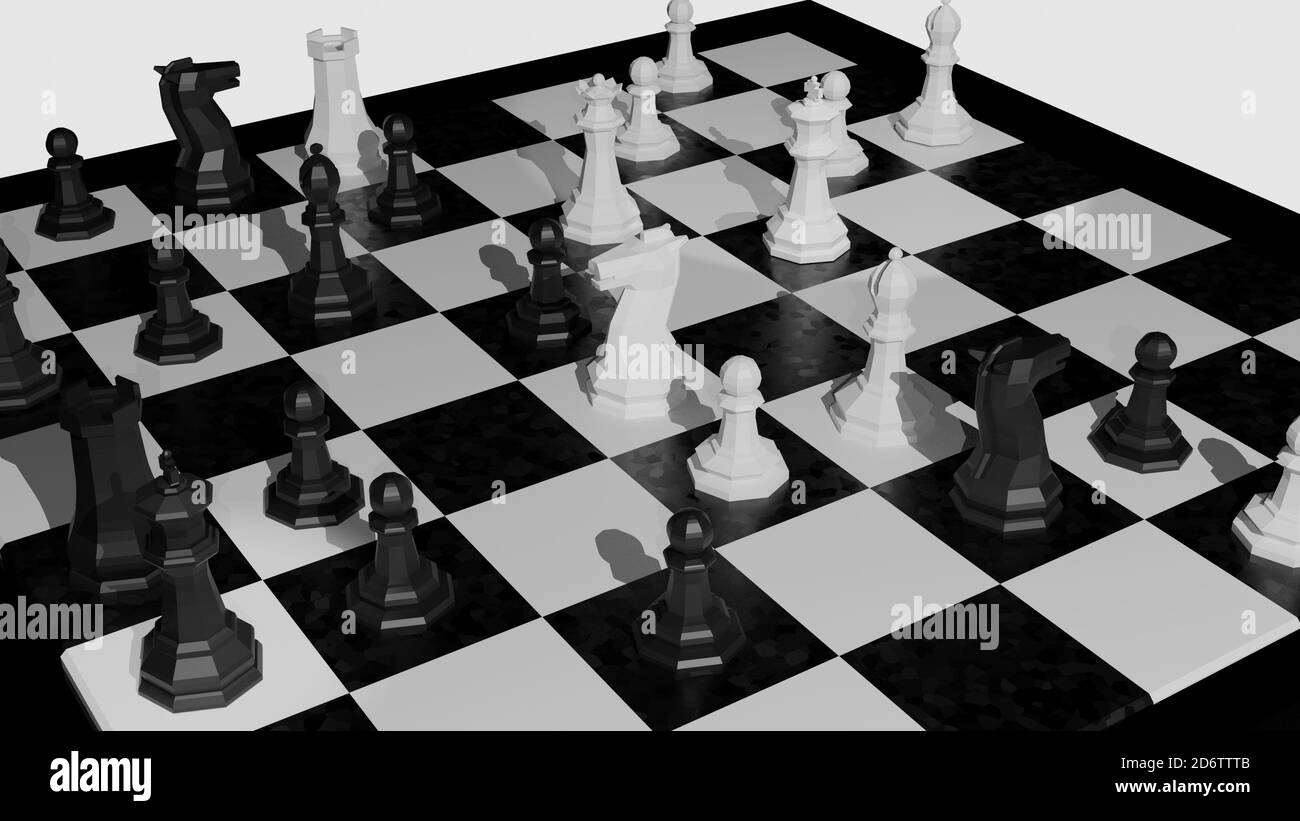 Jeu de tableaux de stratégie. Jeu d'échecs. Pièces d'échecs. Rendu 3D. Jeu d'échecs original. Noir et blanc. Banque D'Images
