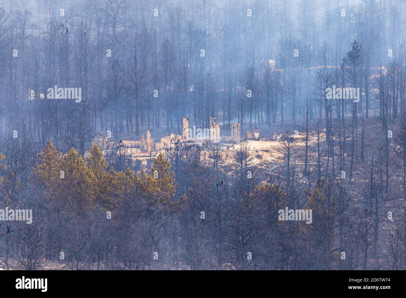 Maisons brûlées au sol et détruites après un feu de forêt brûlé par la nuit précédente dans le Colorado Banque D'Images