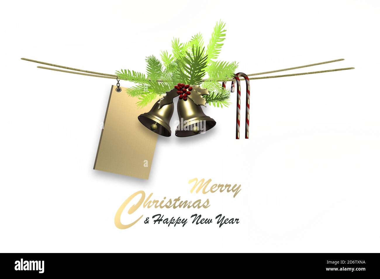 Cadre de Noël blanc. Symbole de Noël. Cannes de bonbons, cloches d'or de Noël, branche de sapin sur blanc. Texte Joyeux Noël Bonne Année. Espace de copie, isolé, bordure, en-tête. Rendu 3D Banque D'Images