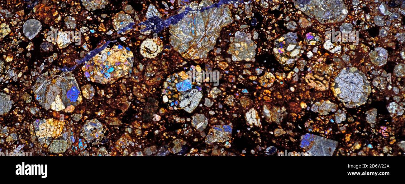 Section de lame de météorite NWA, photomicrographe polarisé, riche en chondrule, désert du Sahara, Maroc Banque D'Images