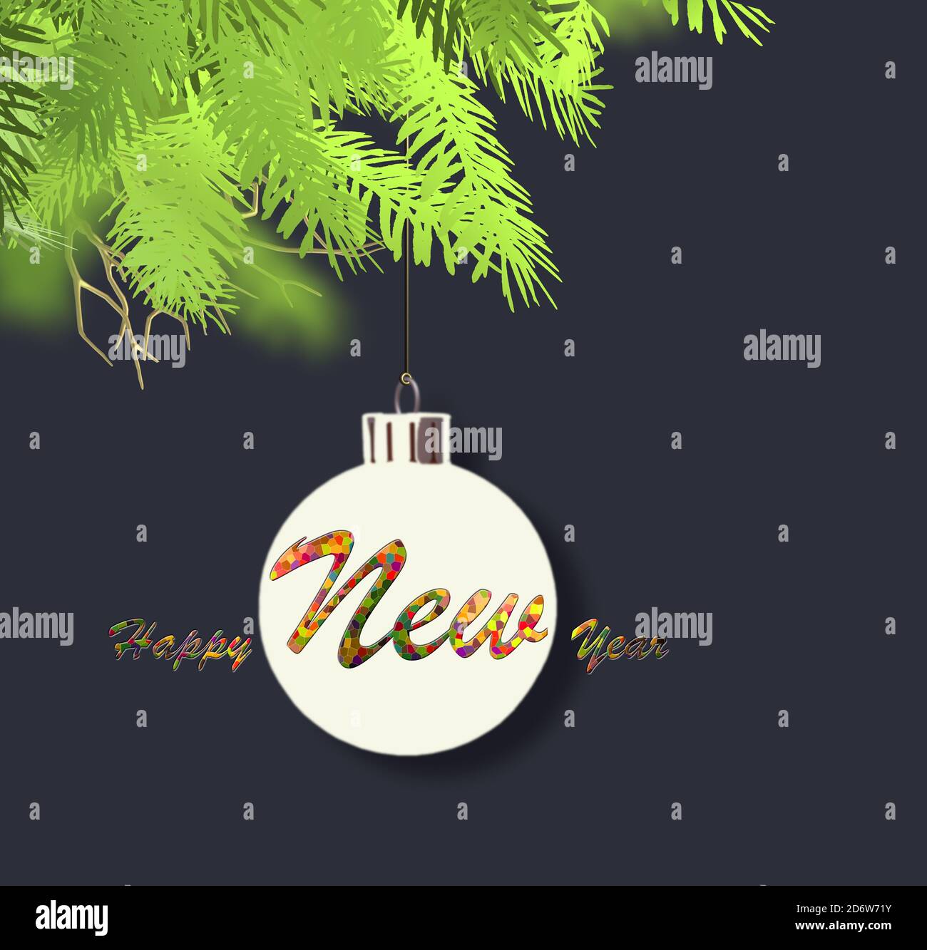 Nouvel an résumé de fond minimaliste. Silhouette suspendue de boule de Noël sur branches de sapin de Noël sur fond noir. Texte coloré heureux Banque D'Images