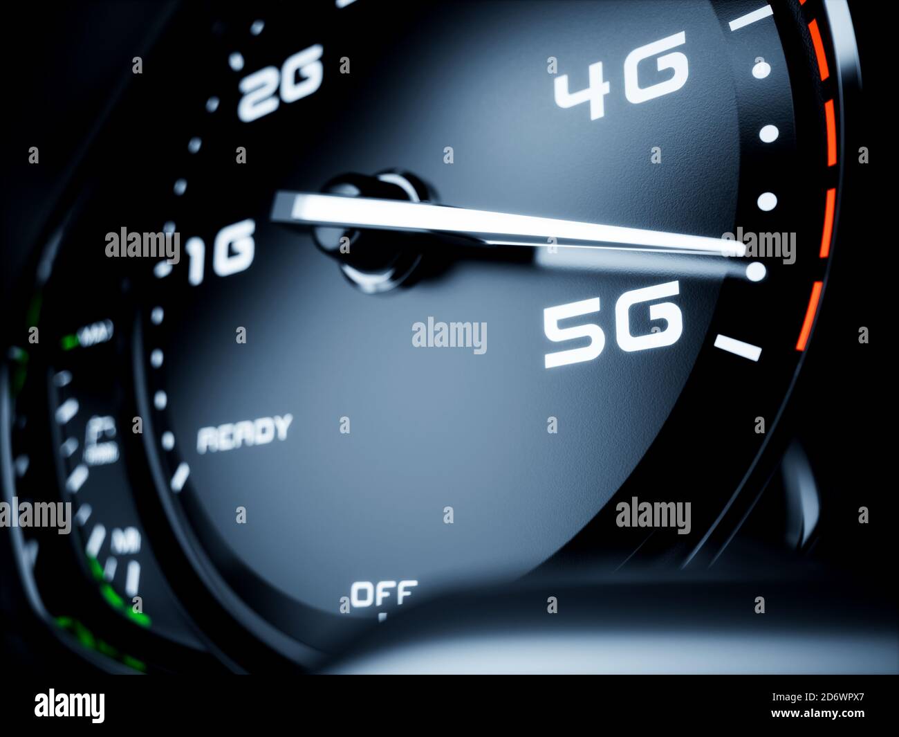 La vitesse du réseau sans fil 5G concept, indicateur de l'évolution. Le rendu 3D Banque D'Images