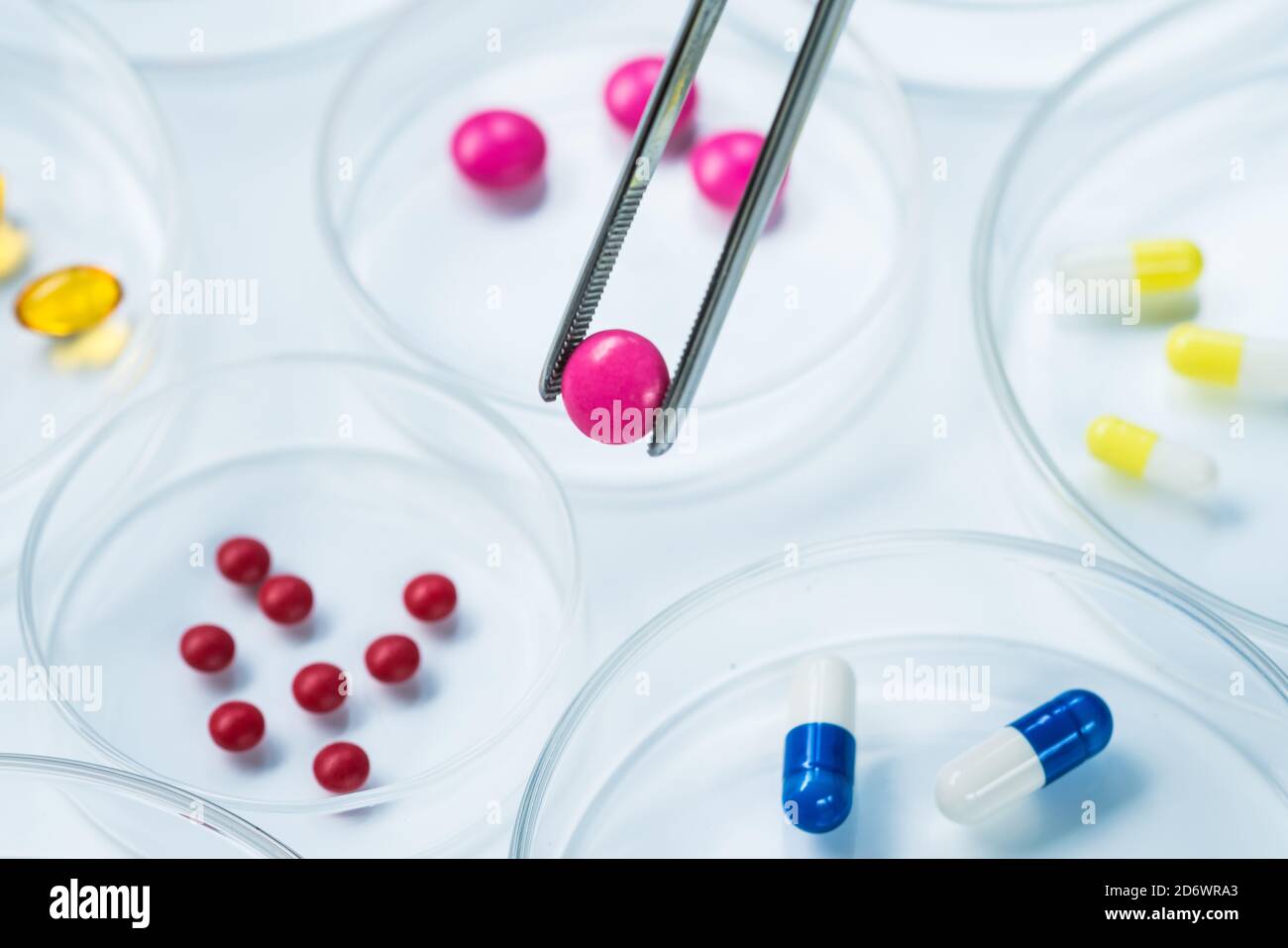 La drogue dans les boîtes de Petri en attente d'ingrédients, la recherche pharmaceutique. Banque D'Images