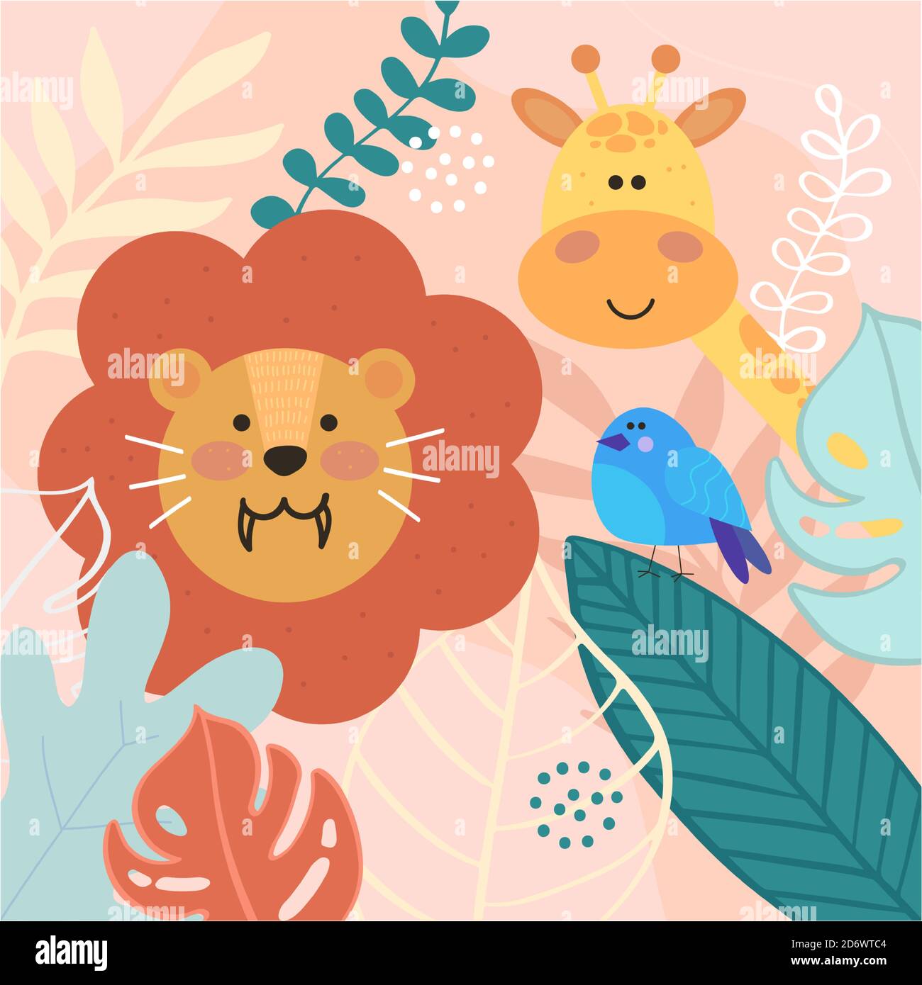 animaux dans la jungle tropicale lion, girafe, oiseau Illustration de Vecteur