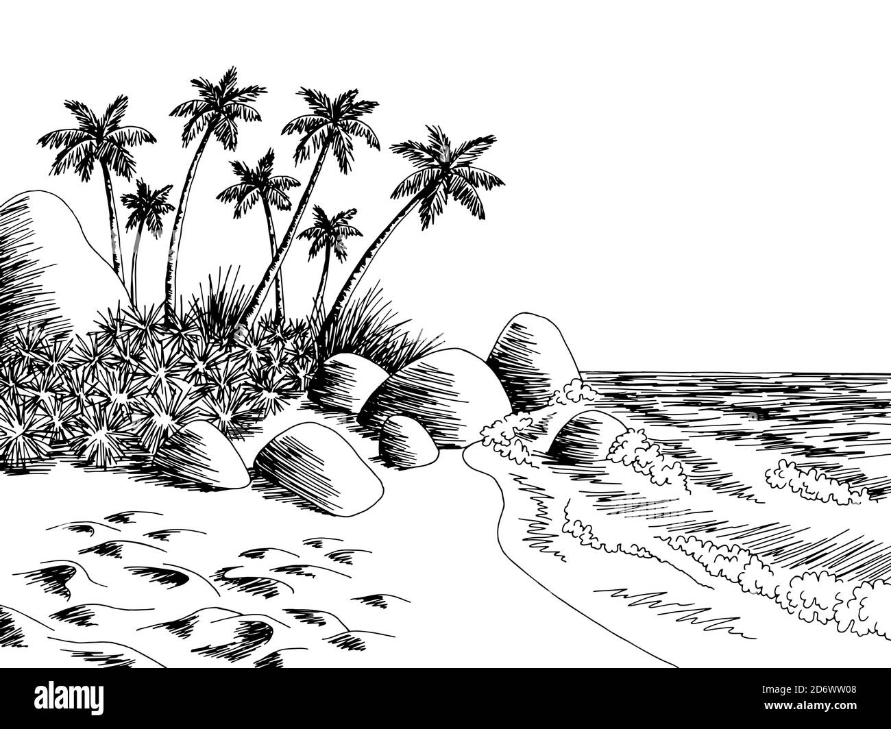 Sea Coast Beach graphique palmier noir blanc paysage esquisse vecteur d'illustration Illustration de Vecteur