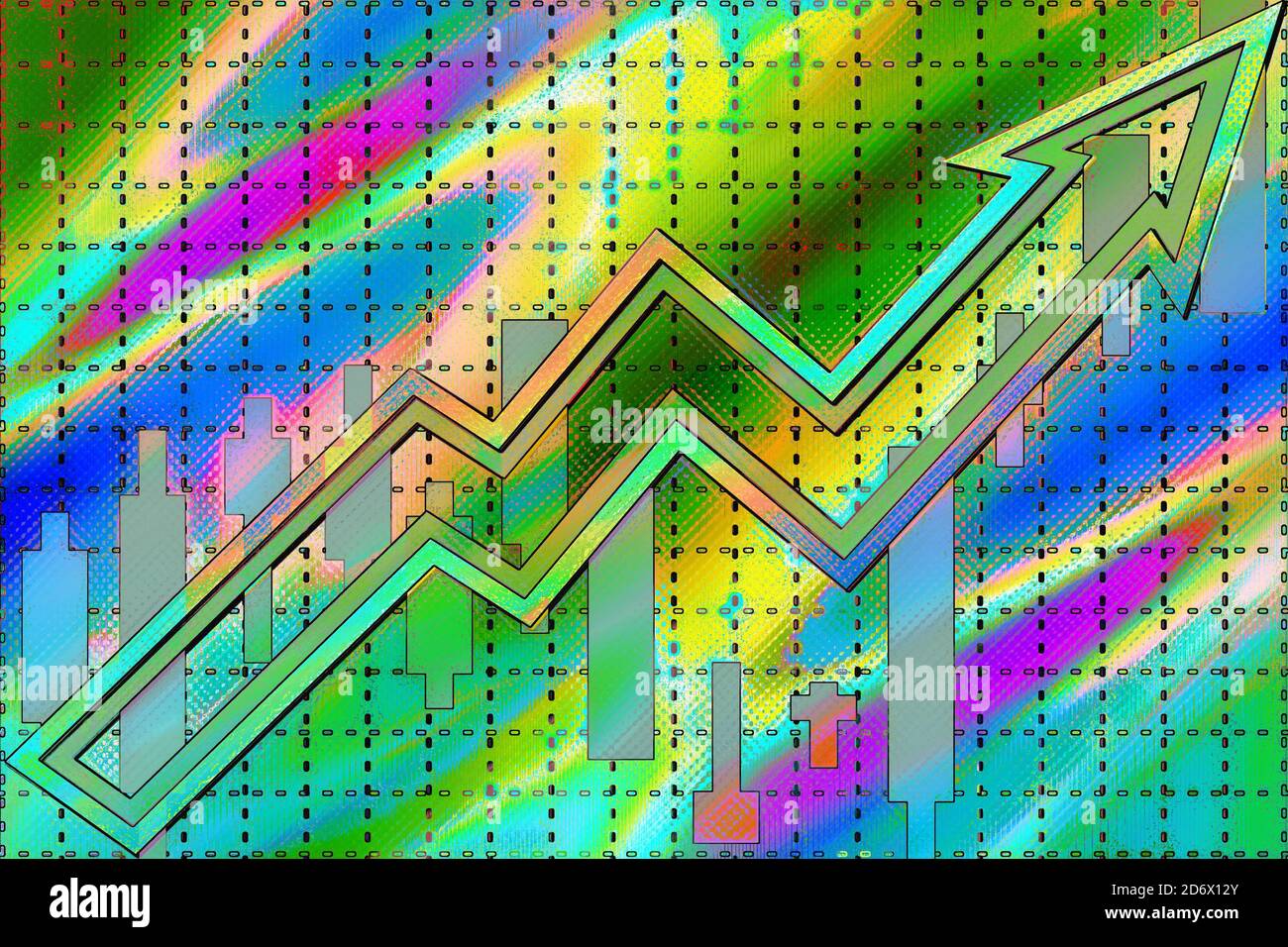 Une flèche tendance néon multicolore abstraite et une image d'arrière-plan de graphique en forme de chandelier. Banque D'Images