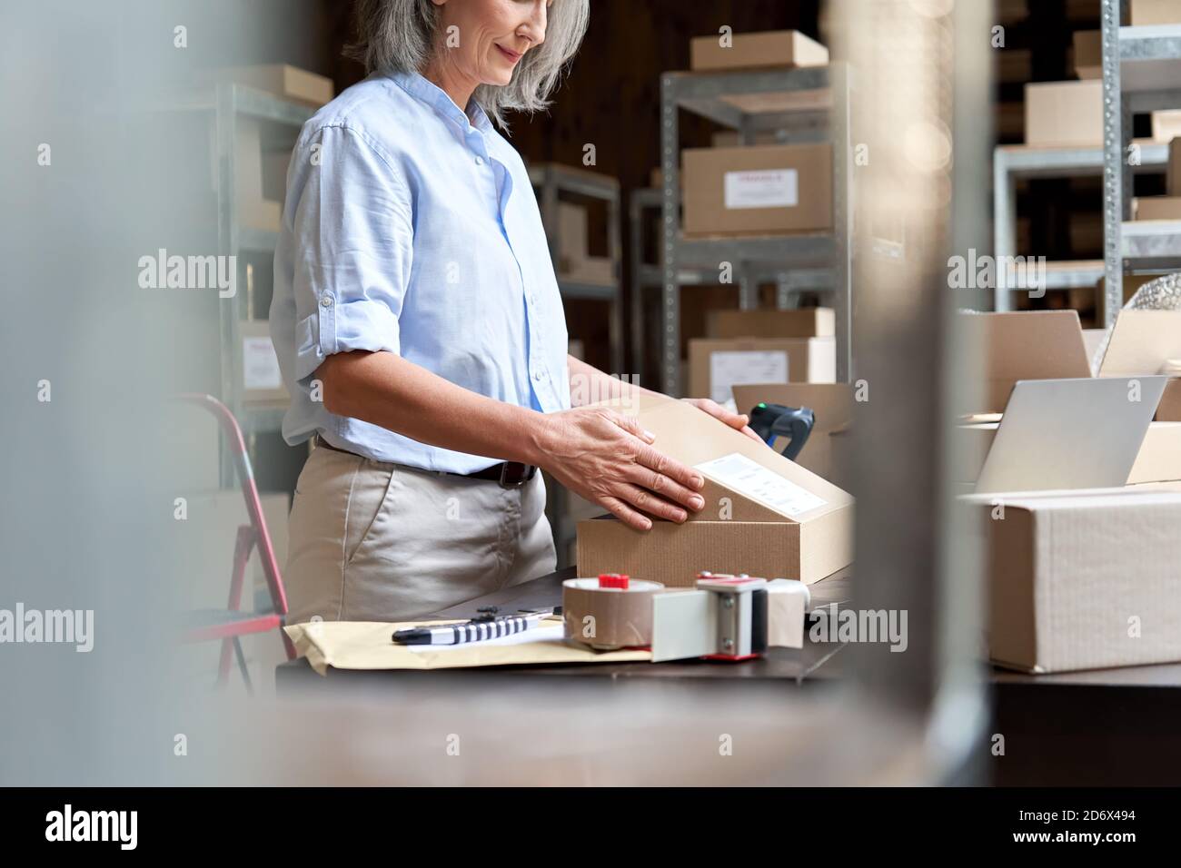 Femme en ligne magasin propriétaire d'affaires emballage ecommerce colis boîte d'expédition. Banque D'Images