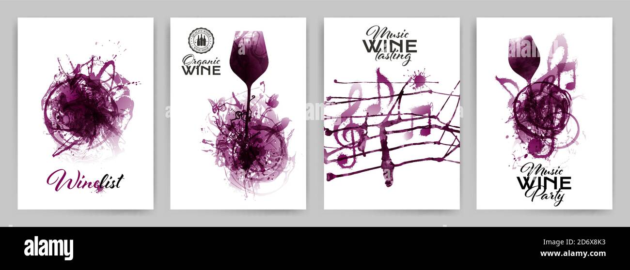 Mettez en place avec des contours de fond et des taches de vin rouge. Symboles de musique artistique avec spots. Illustration artistique du verre à vin. Affiche, brochure, bannières Illustration de Vecteur
