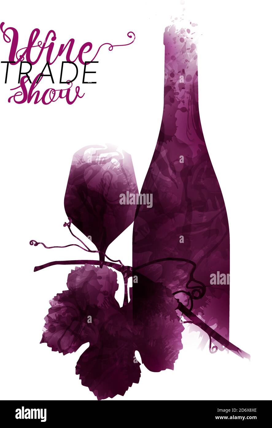 illustration de la vie avec une bouteille et un verre de vin et de feuille de vigne. Illustration artistique avec taches de vin rouge. Affiche, couverture, publicité, étoile Illustration de Vecteur
