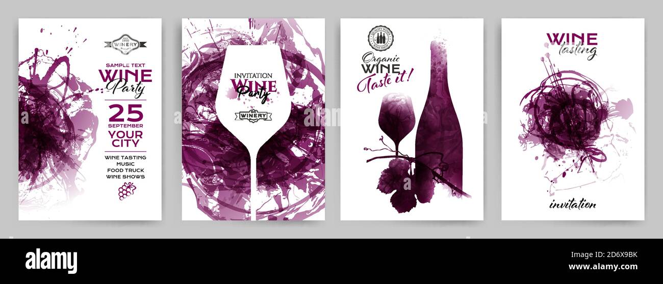 Collection de modèles avec des motifs de vin. Brochures; affiches; cartes d'invitation; bannières promotionnelles; menus. Arrière-plan taches de vin. Illustration vectorielle Illustration de Vecteur