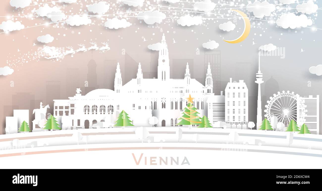 Vienne Austria City Skyline en papier coupé avec flocons de neige, Lune et Neon Garland. Illustration vectorielle. Concept Noël et nouvel an. Illustration de Vecteur
