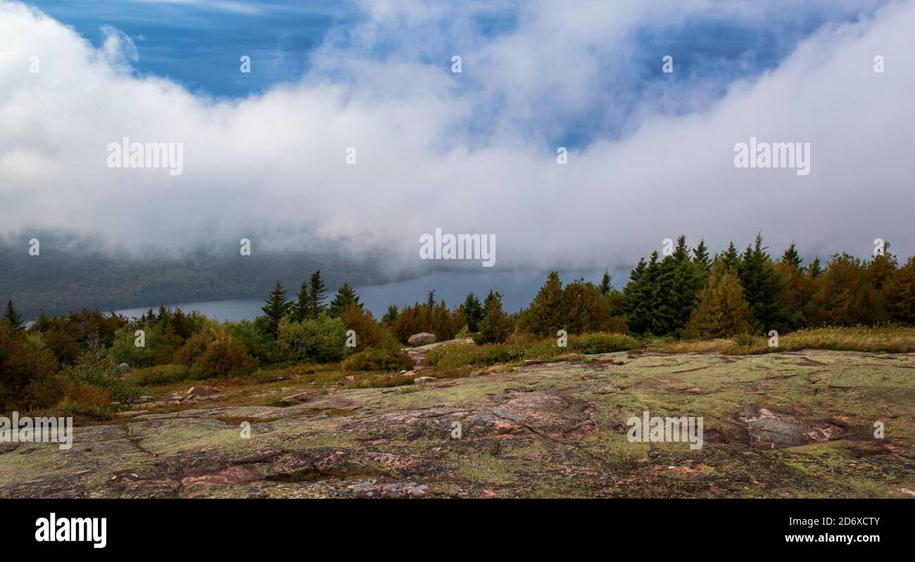 Brouillard épais dissimuler la vue sur le lac Eagle depuis la montagne Cadillac, le parc national Acadia, Maine Banque D'Images